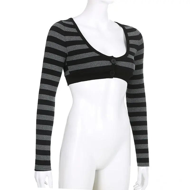 Y2K Vintage Striped Crop Top Casual Button O-neck Long Sleeves Cardigan T-shirt Retro Harajuku Grunge Super-short Smock Top Tees - Tophatter Daily Deals
