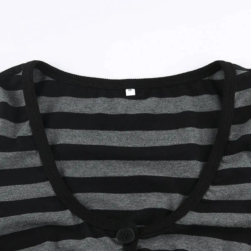 Y2K Vintage Striped Crop Top Casual Button O-neck Long Sleeves Cardigan T-shirt Retro Harajuku Grunge Super-short Smock Top Tees - Tophatter Daily Deals