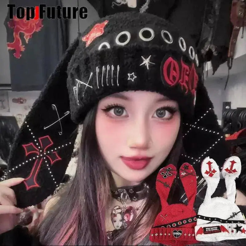 Y2K girl Harajuku Gothic Lolita Bunny Ear Hat Women steampunk Winter Beanie Hat Gothic Lolita streetwear Accessories Punk Cap - Tophatter Daily Deals
