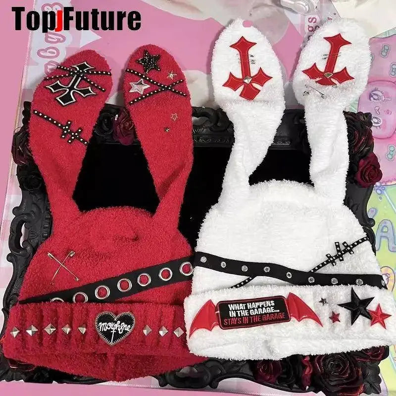 Y2K girl Harajuku Gothic Lolita Bunny Ear Hat Women steampunk Winter Beanie Hat Gothic Lolita streetwear Accessories Punk Cap - Tophatter Daily Deals