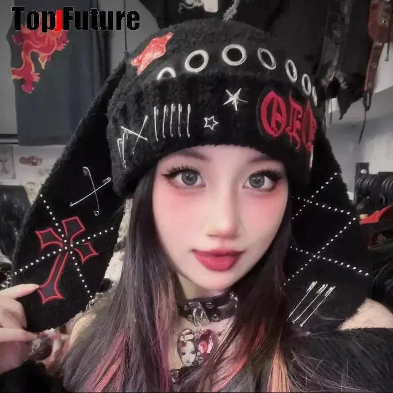 Y2K girl Harajuku Gothic Lolita Bunny Ear Hat Women steampunk Winter Beanie Hat Gothic Lolita streetwear Accessories Punk Cap - Tophatter Daily Deals