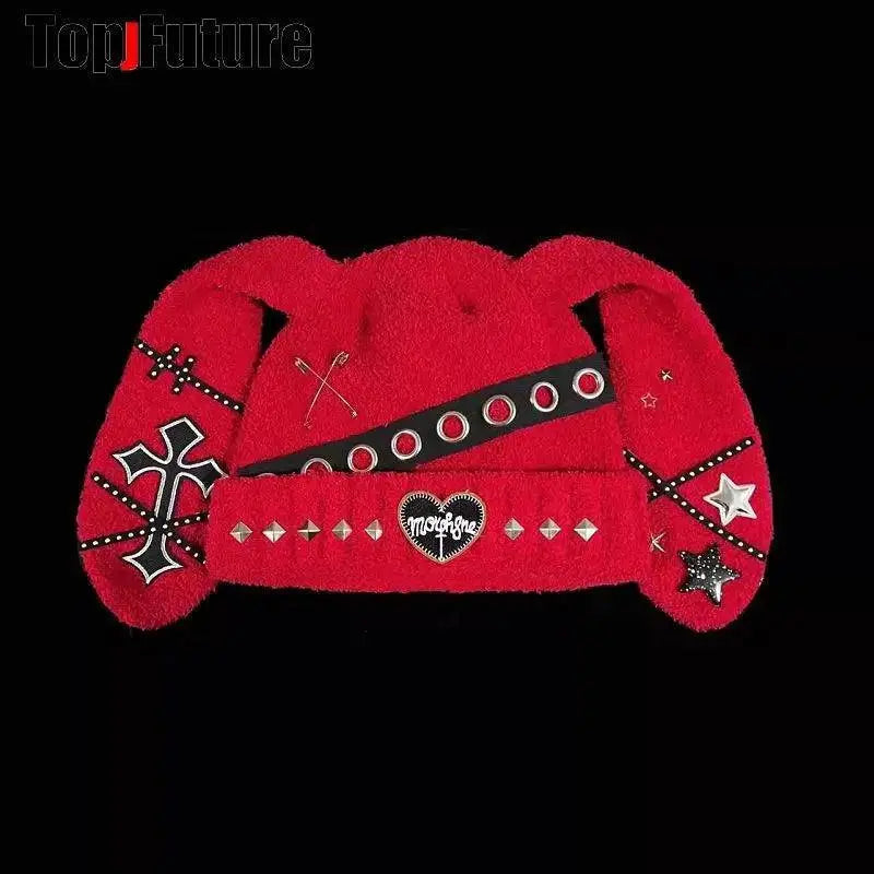 Y2K girl Harajuku Gothic Lolita Bunny Ear Hat Women steampunk Winter Beanie Hat Gothic Lolita streetwear Accessories Punk Cap Red - Tophatter Daily Deals