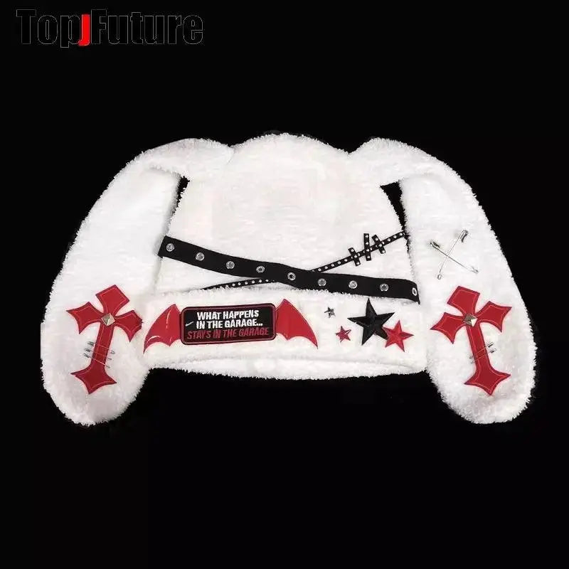 Y2K girl Harajuku Gothic Lolita Bunny Ear Hat Women steampunk Winter Beanie Hat Gothic Lolita streetwear Accessories Punk Cap WHITE - Tophatter Daily Deals