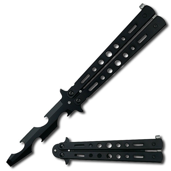 Bottle Popping Training Butterfly Knife Style Can Opener Black Finish - Tophatter's Inc. Weapons Store Online Collectible Weapons - Tophatter Daily Deals