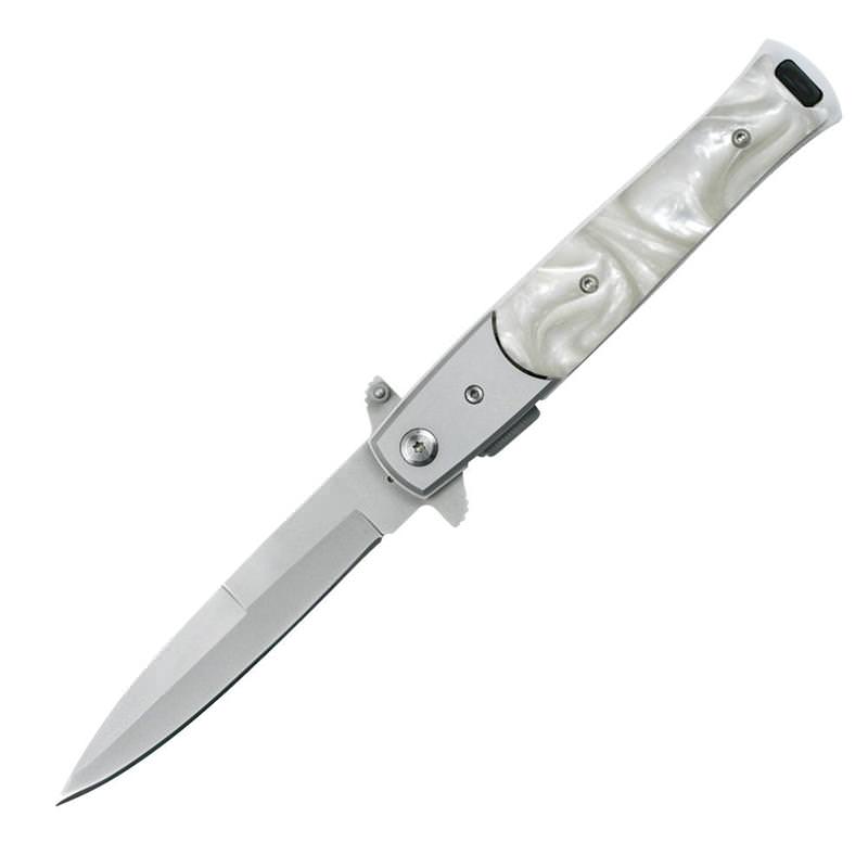 Stiletto Style Spring Assisted Pocket Knife With Pearl Handle Collectible Weapons - Tophatter Daily Deals