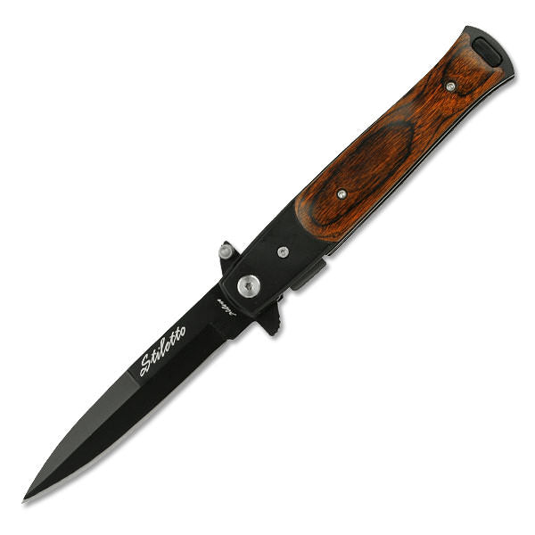 5" Closed Stiletto Style Spring Assist knife With Pakkawood Handle - TOPHATTER'S ARMORY DEALS Collectible Weapons - Tophatter Daily Deals