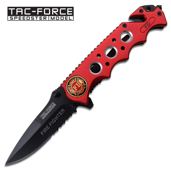 Fire Fighter Red Rescue Handle Spring Assist Folding Pocket Knife - TOPHATTER'S ARMORY DEALS Collectible Weapons - Tophatter Daily Deals