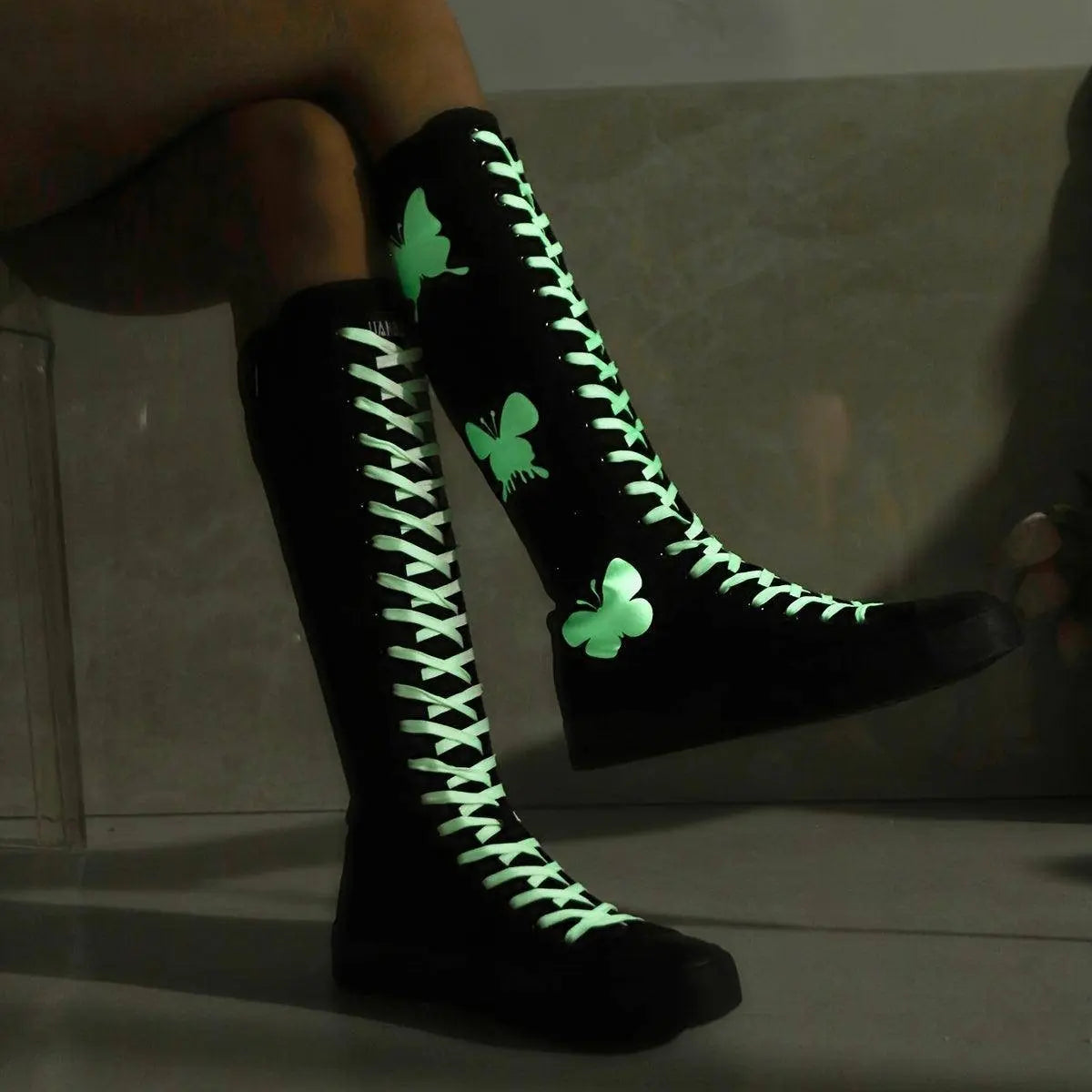 YUANBU Women's Fashion Knee-High Canvas Boots with Glow-in-the-Dark Butterfly & Luminous Shoelaces - Casual Flat Heel, Zip Closure Black - Tophatter Daily Deals