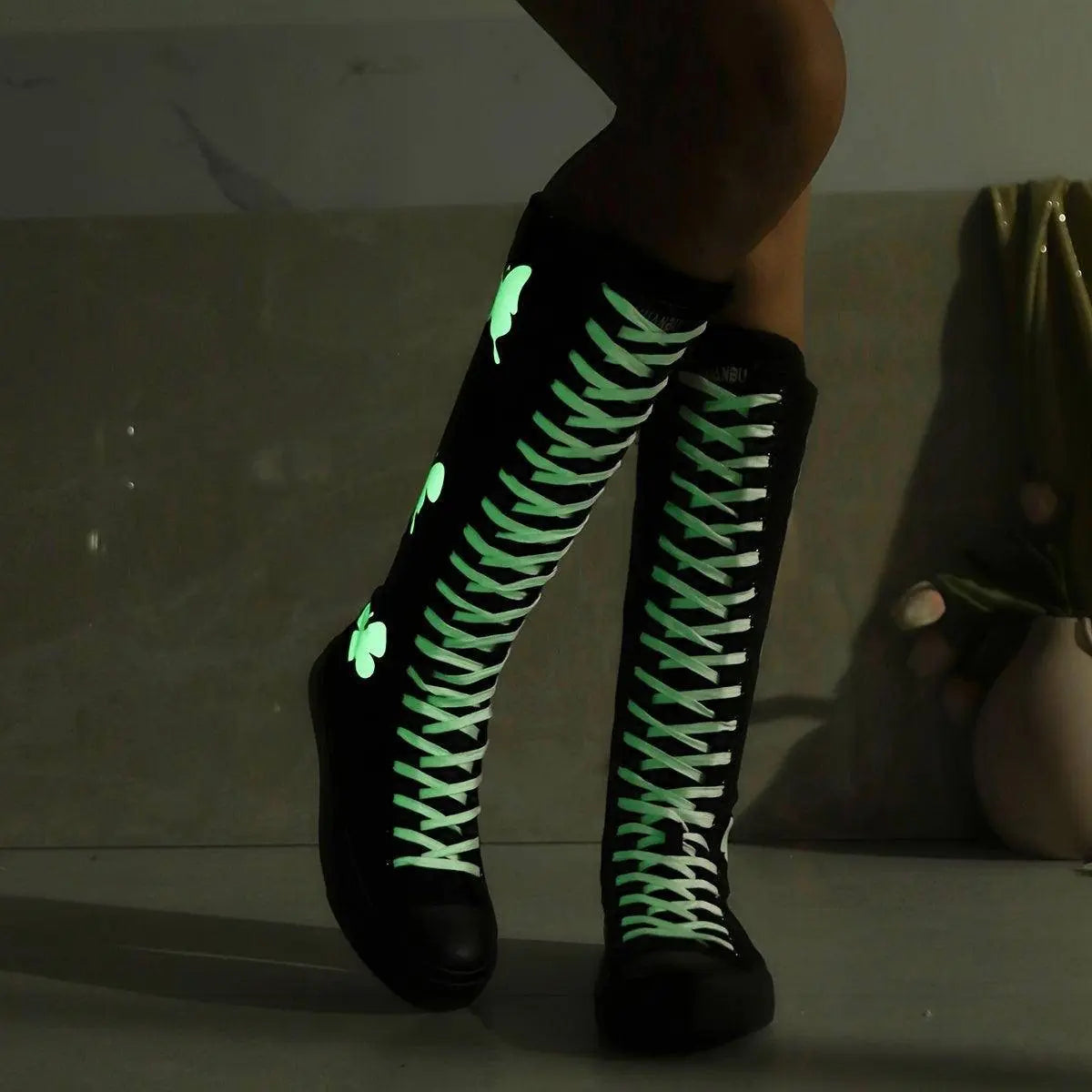 YUANBU Women's Fashion Knee-High Canvas Boots with Glow-in-the-Dark Butterfly & Luminous Shoelaces - Casual Flat Heel, Zip Closure - Tophatter Daily Deals
