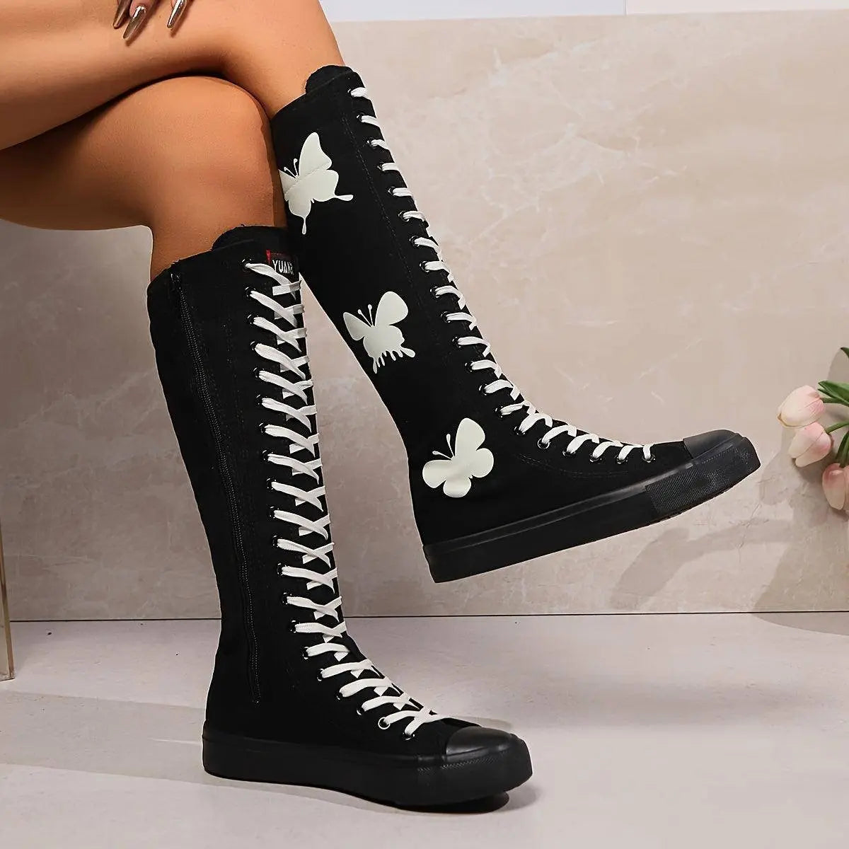 YUANBU Women's Fashion Knee-High Canvas Boots with Glow-in-the-Dark Butterfly & Luminous Shoelaces - Casual Flat Heel, Zip Closure - Tophatter Daily Deals