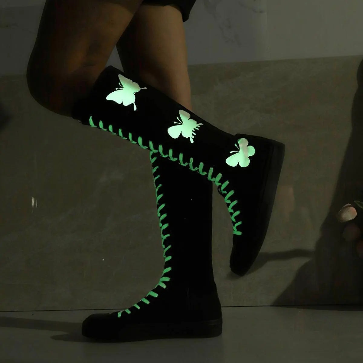 YUANBU Women's Fashion Knee-High Canvas Boots with Glow-in-the-Dark Butterfly & Luminous Shoelaces - Casual Flat Heel, Zip Closure - Tophatter Daily Deals