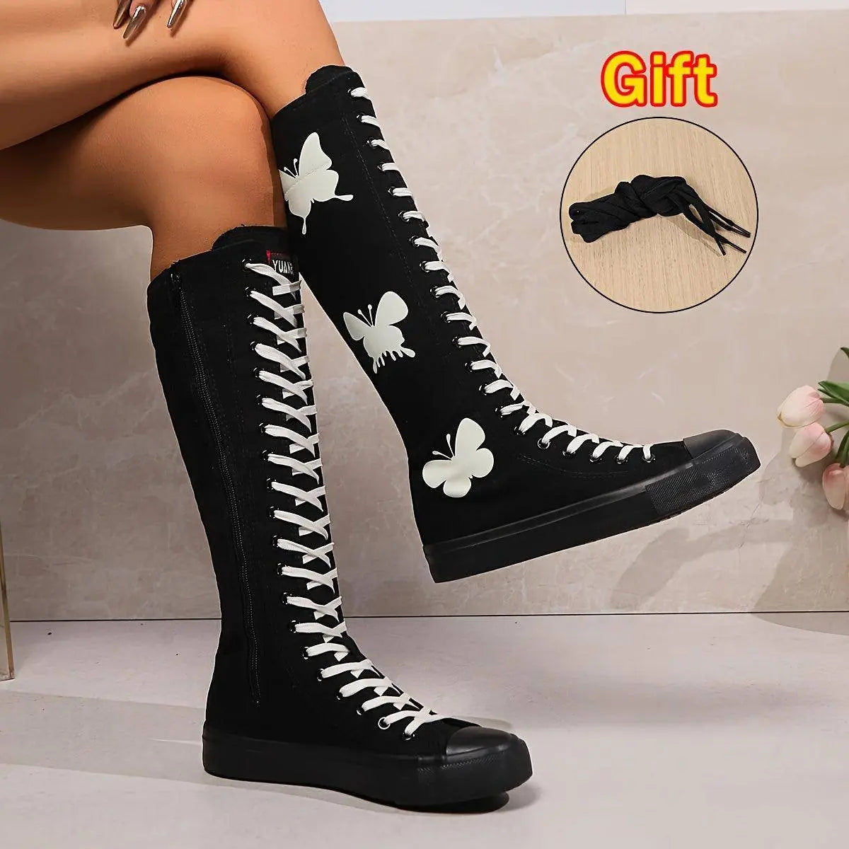 YUANBU Women's Fashion Knee-High Canvas Boots with Glow-in-the-Dark Butterfly & Luminous Shoelaces - Casual Flat Heel, Zip Closure - Tophatter Daily Deals