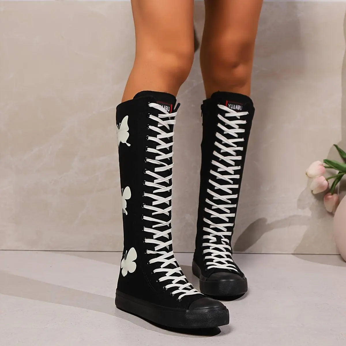YUANBU Women's Fashion Knee-High Canvas Boots with Glow-in-the-Dark Butterfly & Luminous Shoelaces - Casual Flat Heel, Zip Closure - Tophatter Daily Deals
