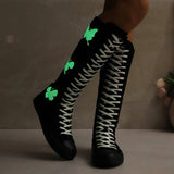 YUANBU Women's Fashion Knee-High Canvas Boots with Glow-in-the-Dark Butterfly & Luminous Shoelaces - Casual Flat Heel, Zip Closure - Tophatter Daily Deals