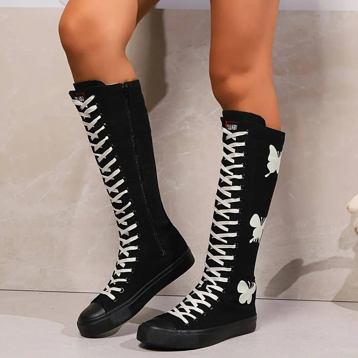 YUANBU Women's Fashion Knee-High Canvas Boots with Glow-in-the-Dark Butterfly & Luminous Shoelaces - Casual Flat Heel, Zip Closure - Tophatter Daily Deals