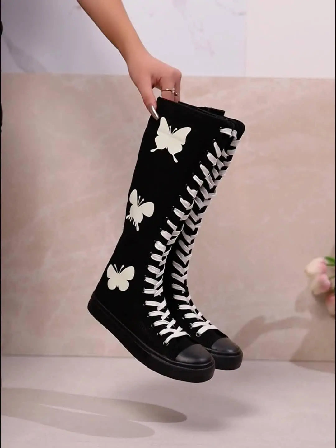 YUANBU Women's Fashion Knee-High Canvas Boots with Glow-in-the-Dark Butterfly & Luminous Shoelaces - Casual Flat Heel, Zip Closure - Tophatter Daily Deals