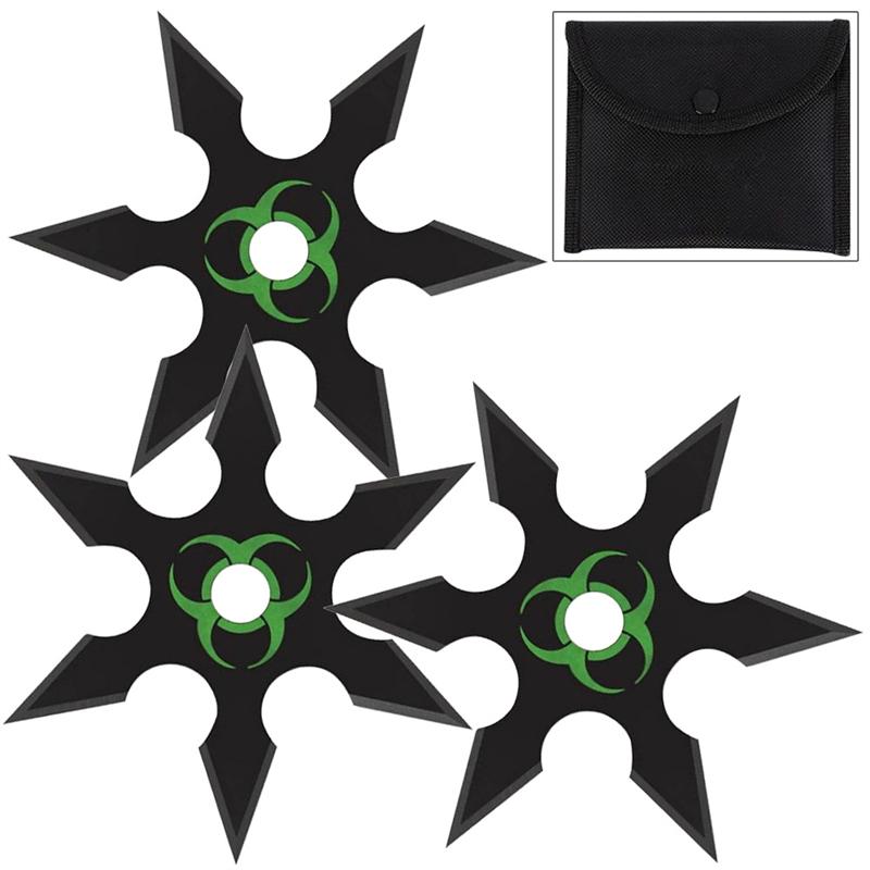 Biohazard Throwing Star Set Black & Green Zombie Shuriken 6 Point - 3PC 3PC Set - Black Knife-Star - Tophatter Daily Deals
