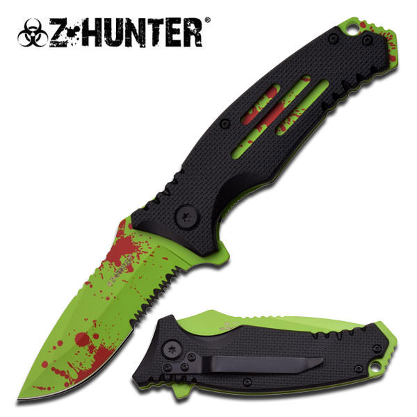Z-Hunter Green Blade Red Blood Splatter Spring Assisted Pocket Knife - Tophatter's Army Products & Self Defense Collectible Weapons - Tophatter Daily Deals