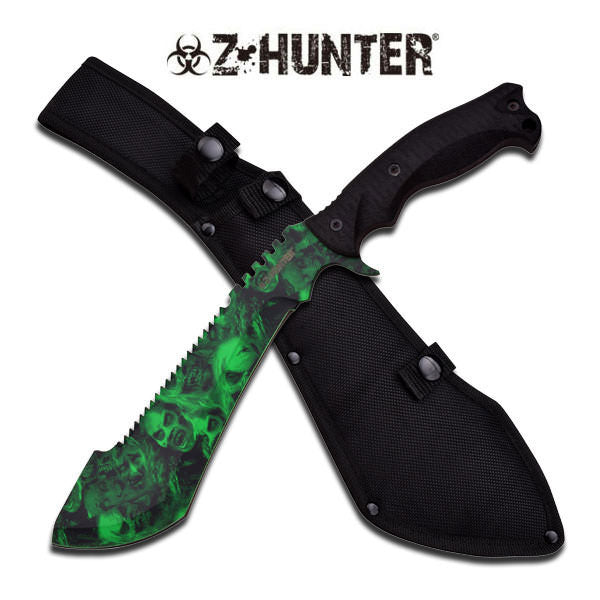 15" Fixed Blade Green Kukri Machete Knife With Skull Printed Blade Collectible Weapons - Tophatter Daily Deals
