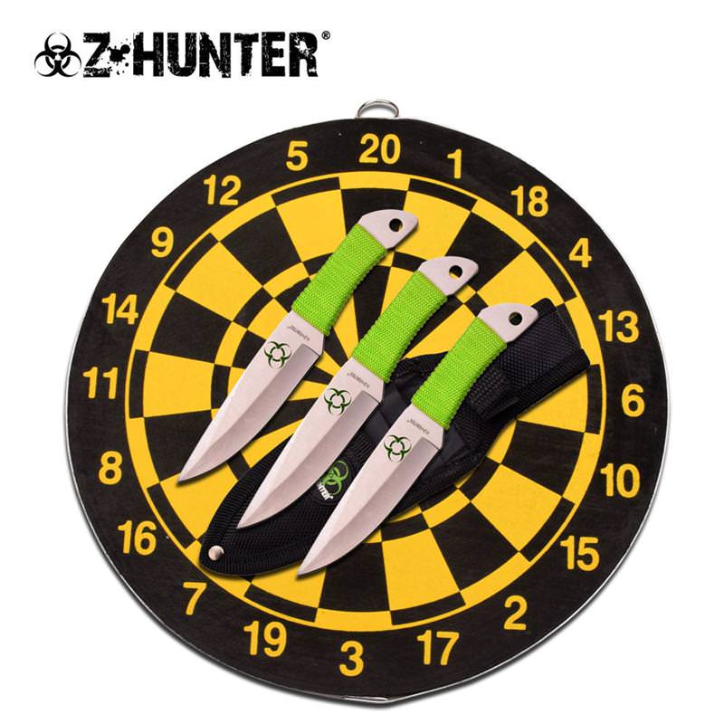 3 Piece Throwing Knife Set with Target Board - Green Cord Wrapped Knives - Tophatter's Guns'N'Weapons Store Collectible Weapons - Tophatter Daily Deals