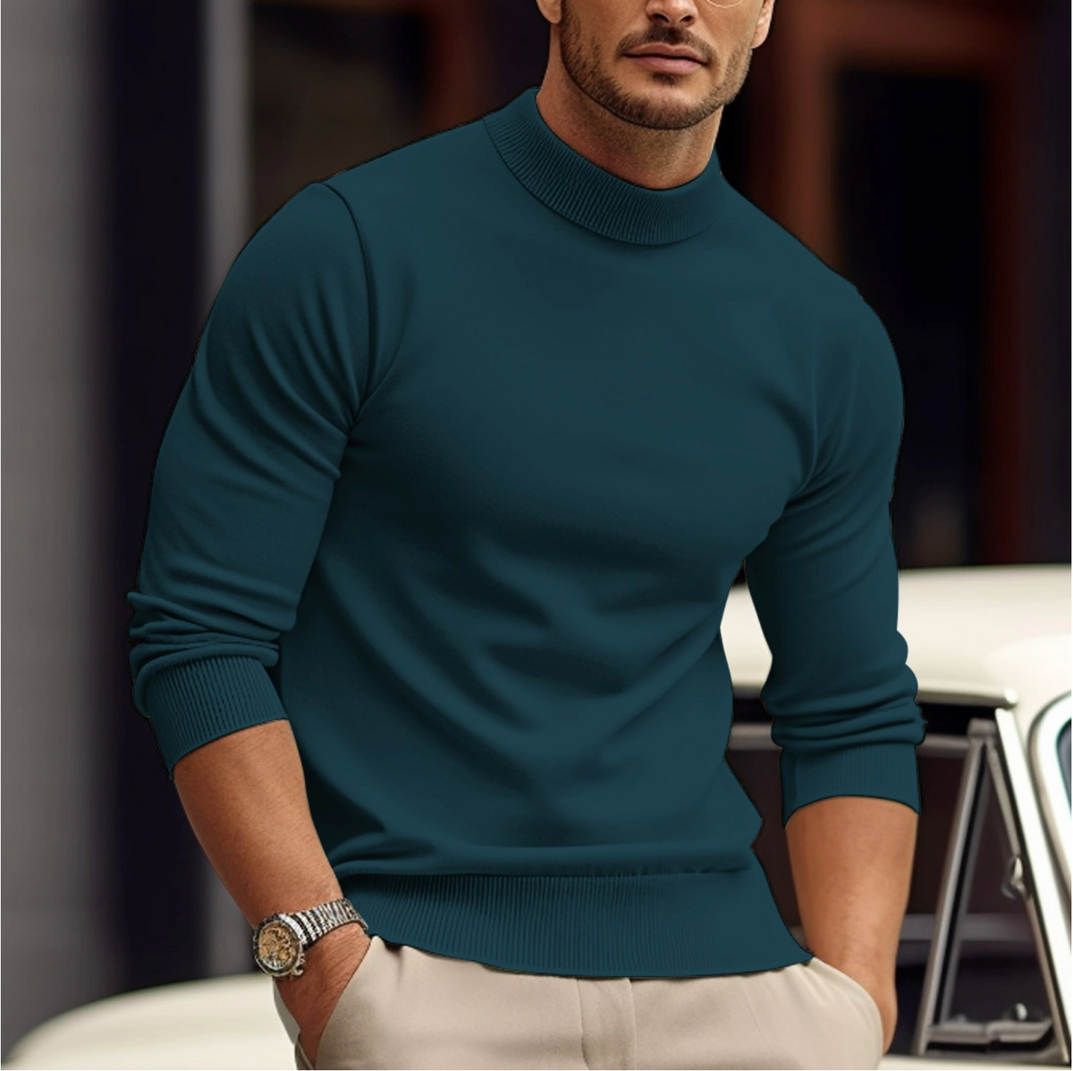 Soft Classic Men's Sweater - Slim Mock Neck, Cotton, Casual Green - Tophatter Daily Deals