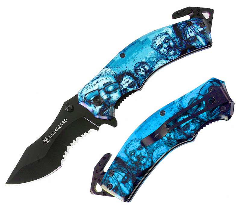Rescue Spring Assist - 'Legal Auto Knife' - Walking Undead with Biohazard Blue - Tophatter's Army Products & Self Defense Collectible Weapons - Tophatter Daily Deals