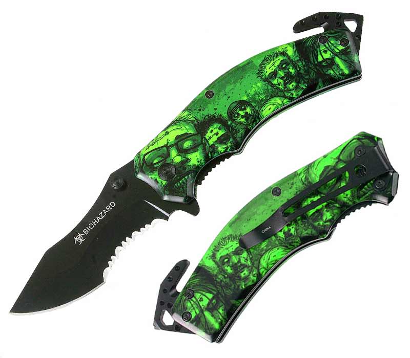 Rescue Spring Assist - 'Legal Auto Knife' - Walking Undead with Biohazard Green - Tophatter's Army Products & Self Defense Collectible Weapons - Tophatter Daily Deals
