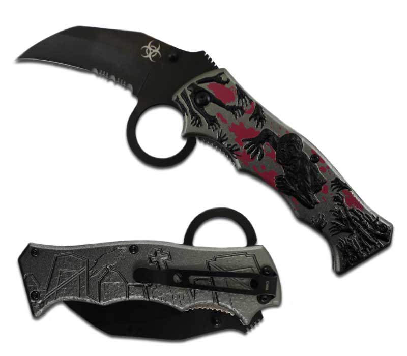 Zombie Killer Finger Hole Spring Assist Knife - Grey/Black Blood Red - TOPHATTER'S ARMORY DEALS Collectible Weapons - Tophatter Daily Deals