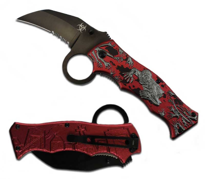 Zombie Killer Finger Hole Spring Assist Knife - Grey Zombies Blood Red - TOPHATTER'S ARMORY DEALS Collectible Weapons - Tophatter Daily Deals