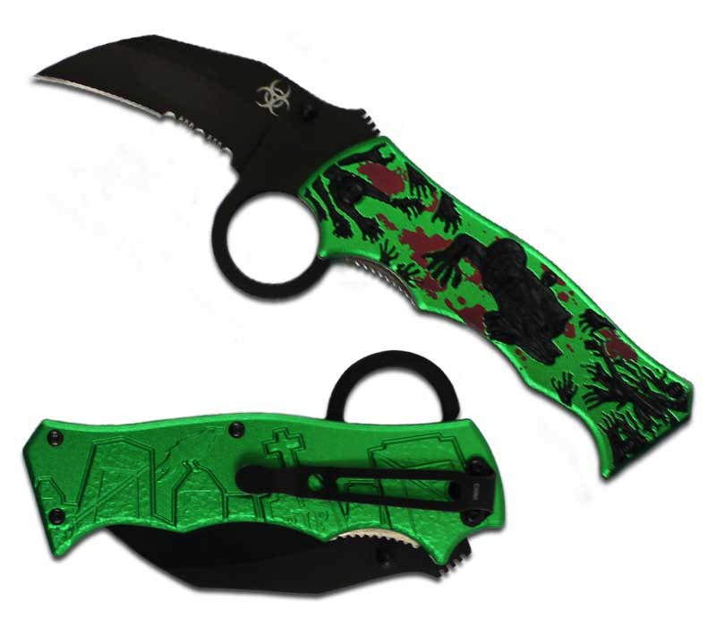 Zombie Killer Finger Hole Spring Assist Knife - Green/Black Blood Red - TOPHATTER'S ARMORY DEALS Collectible Weapons - Tophatter Daily Deals