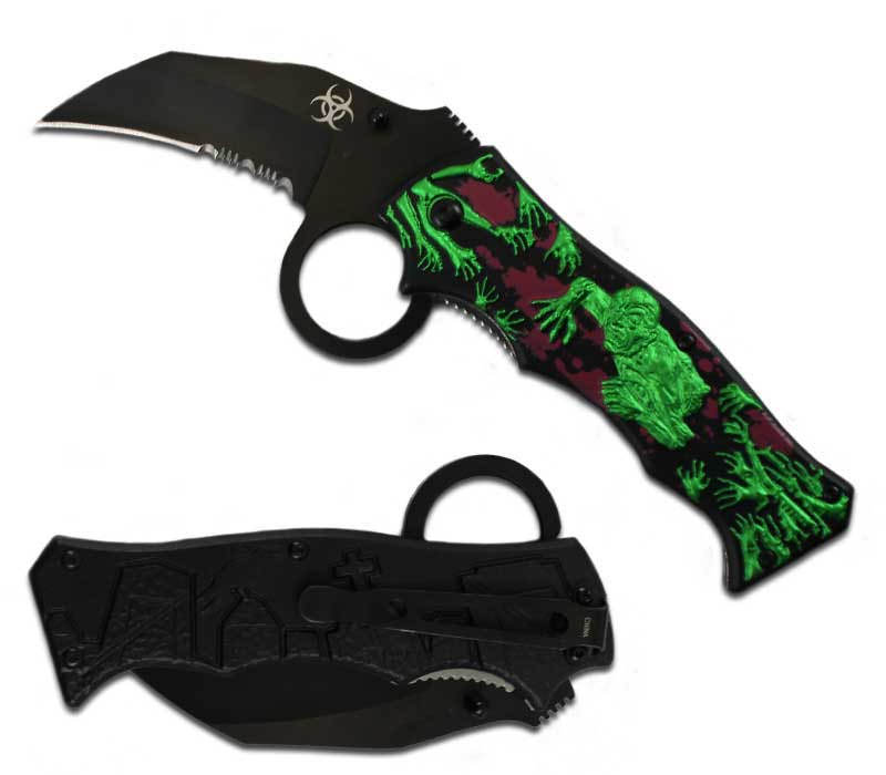 Zombie Killer Finger Hole Spring Assist Knife - Black/Green Blood Red - TOPHATTER'S ARMORY DEALS Collectible Weapons - Tophatter Daily Deals