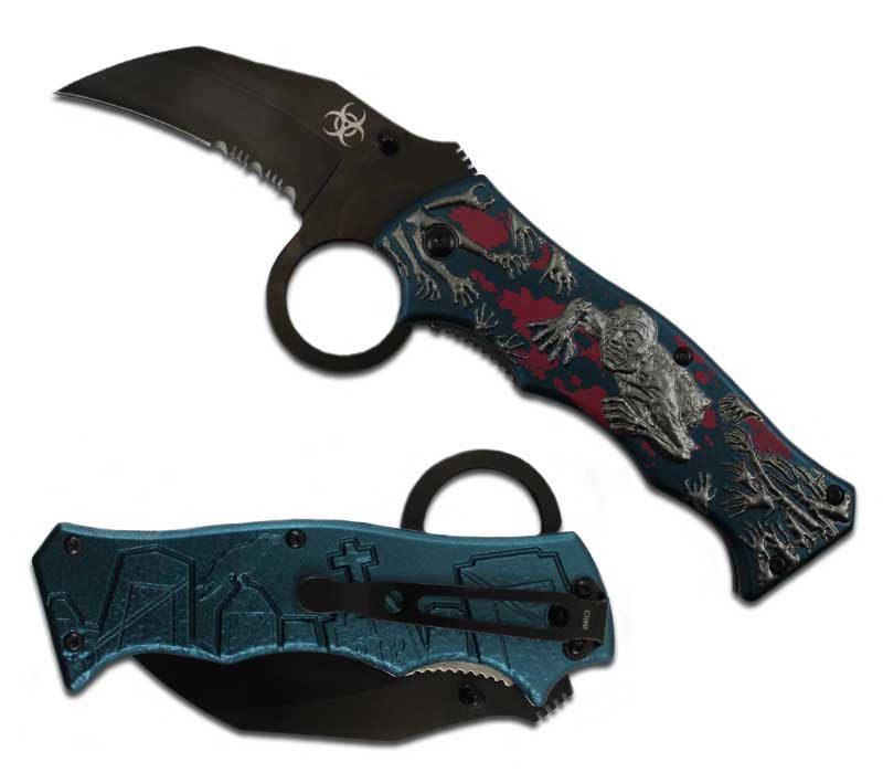Zombie Killer Finger Hole Spring Assist Knife - Black/Grey Blood Red - TOPHATTER'S ARMORY DEALS Collectible Weapons - Tophatter Daily Deals