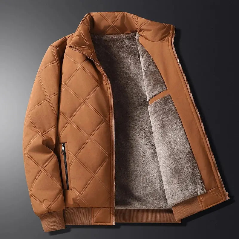 Windproof Men’s Jacket - Quilted Bomber Fleece Lined Hiking Brown - Tophatter Daily Deals