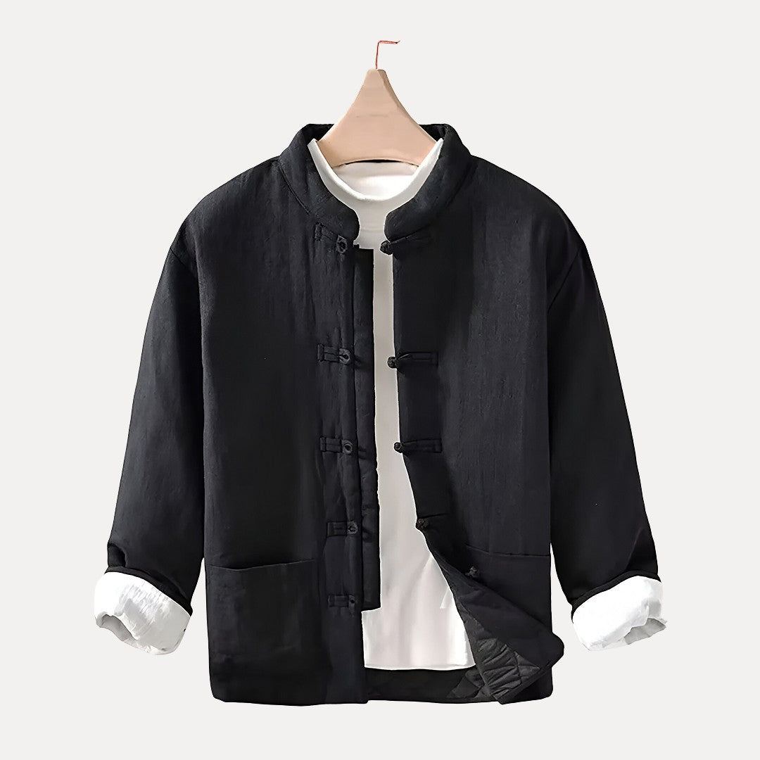 Warm Relaxed Men Padded Jacket - Mandarin Collar Linen Black - Tophatter Daily Deals