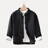 Warm Relaxed Men Padded Jacket - Mandarin Collar Linen Black - Tophatter Daily Deals