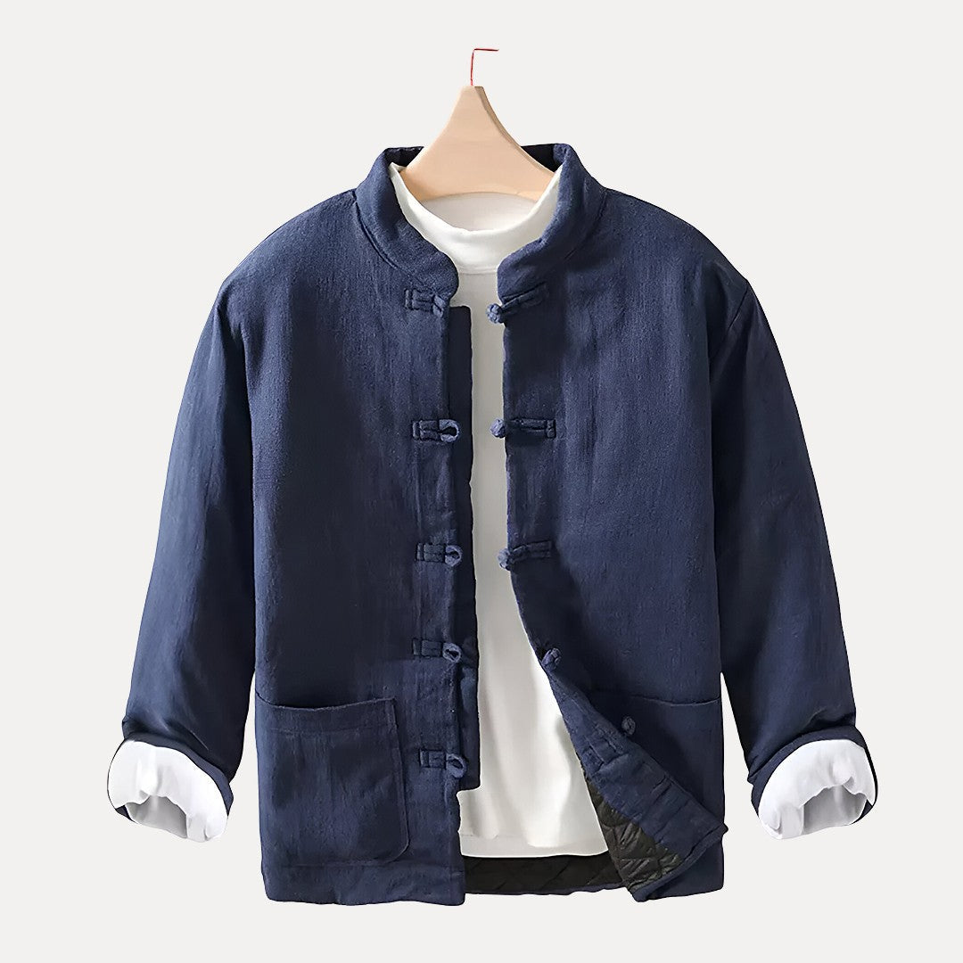Warm Relaxed Men Padded Jacket - Mandarin Collar Linen Blue - Tophatter Daily Deals