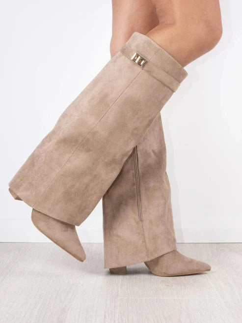 Supportive Women’s Knee-High Boots - Pointed Toe, Suede Beige - Suede - Tophatter Daily Deals