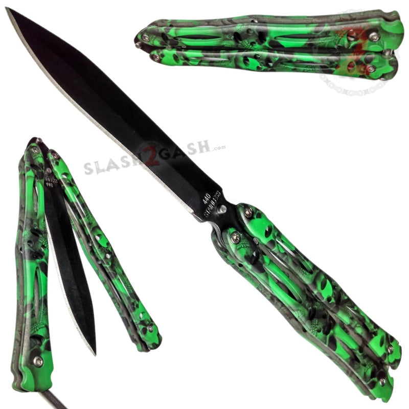Zombie Stalker Butterfly Knife Dagger Green Skull Camo Balisong Knife-Balisong - Tophatter Daily Deals
