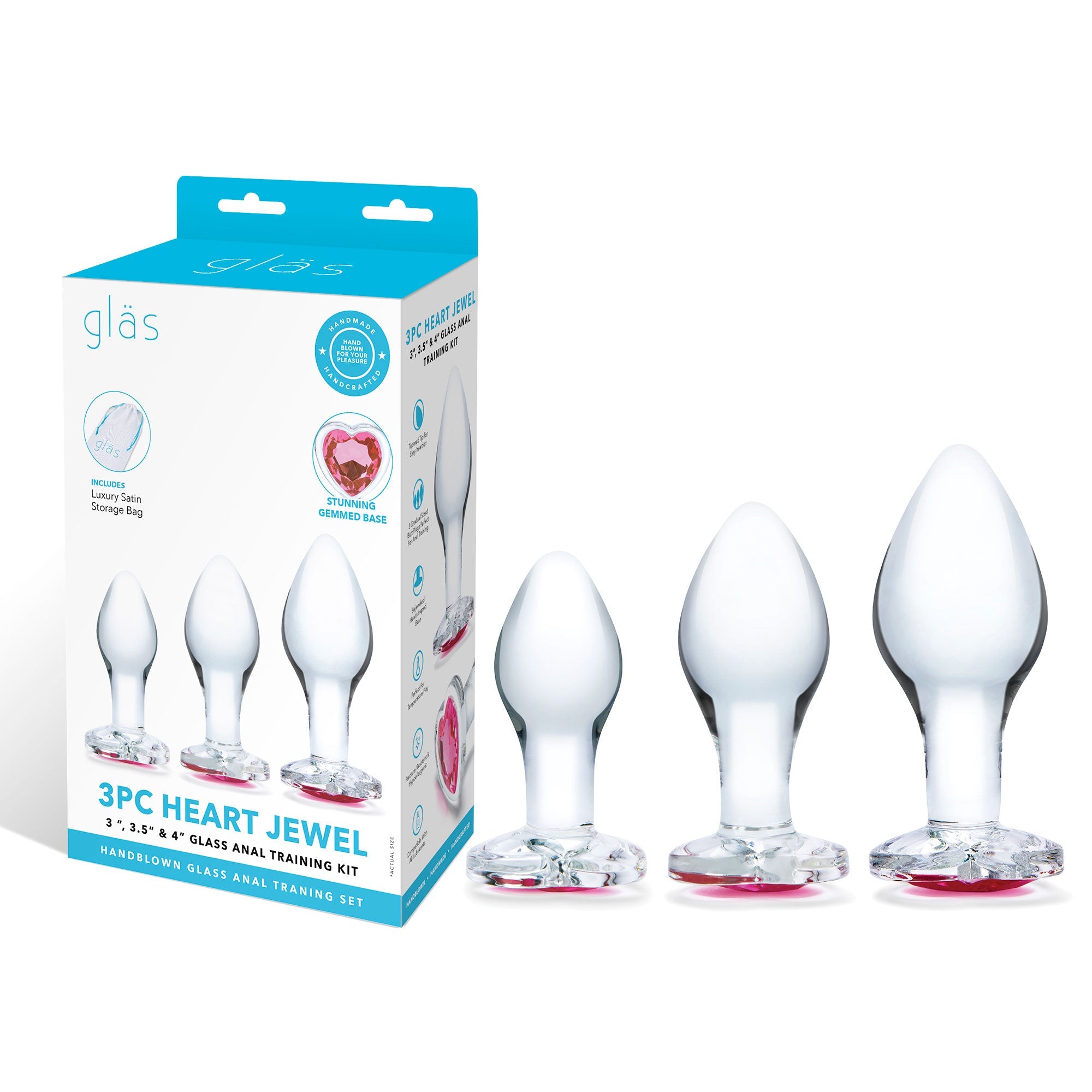 Glas 3 Inch 3.5 Inch 4 Inch 3PC Heart Jewel Clear Glass Anal Training Kit > Glass > Toys - Tophatter Daily Deals