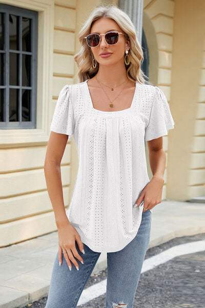 Eyelet Square Neck Short Sleeve T-Shirt White Women's T-Shirts - Tophatter Daily Deals