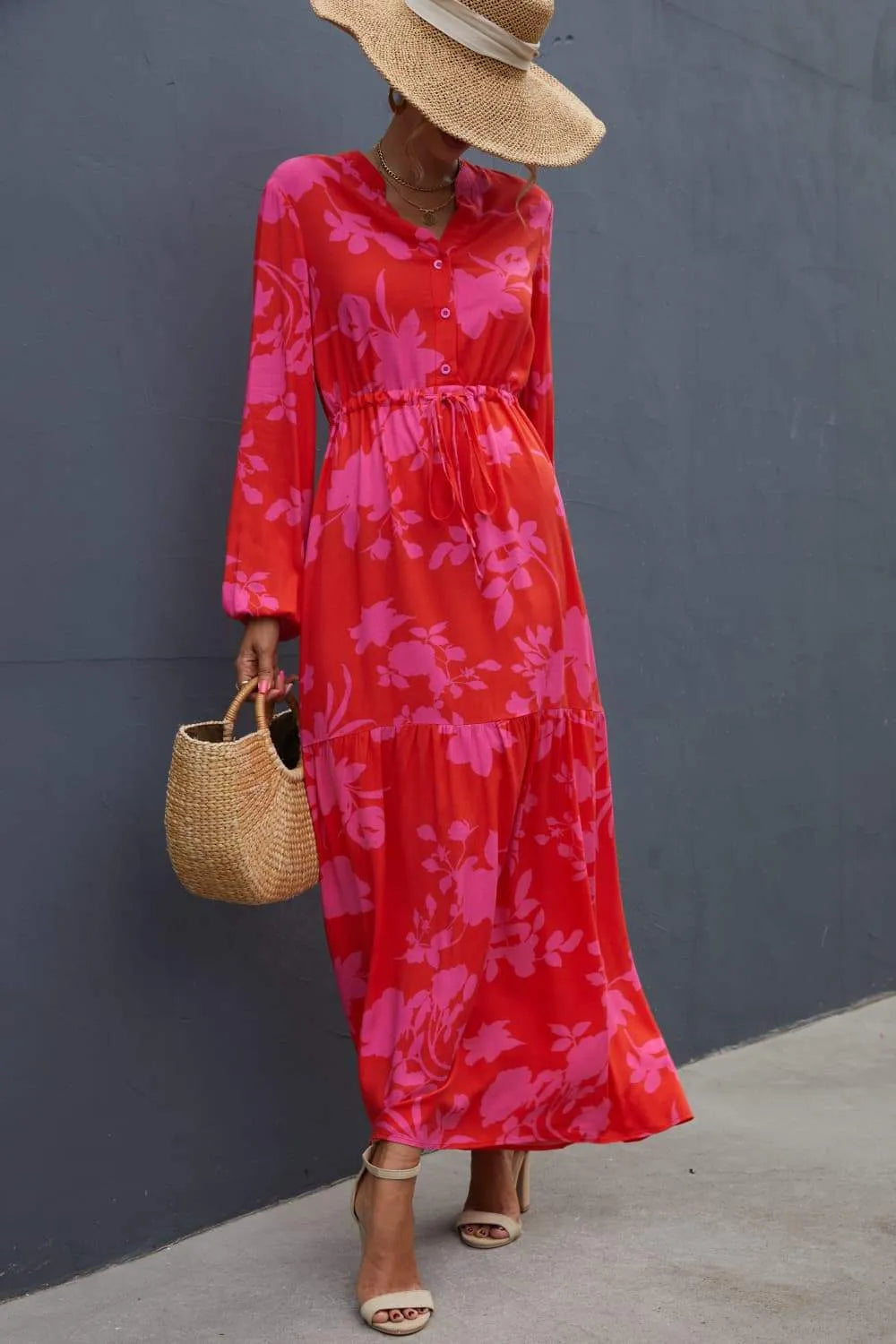 Floral Drawstring Waist Long Sleeve Dress Casual Dresses - Tophatter Daily Deals