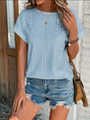 Eyelet Round Neck Short Sleeve T-Shirt Misty Blue Women's T-Shirts - Tophatter Daily Deals