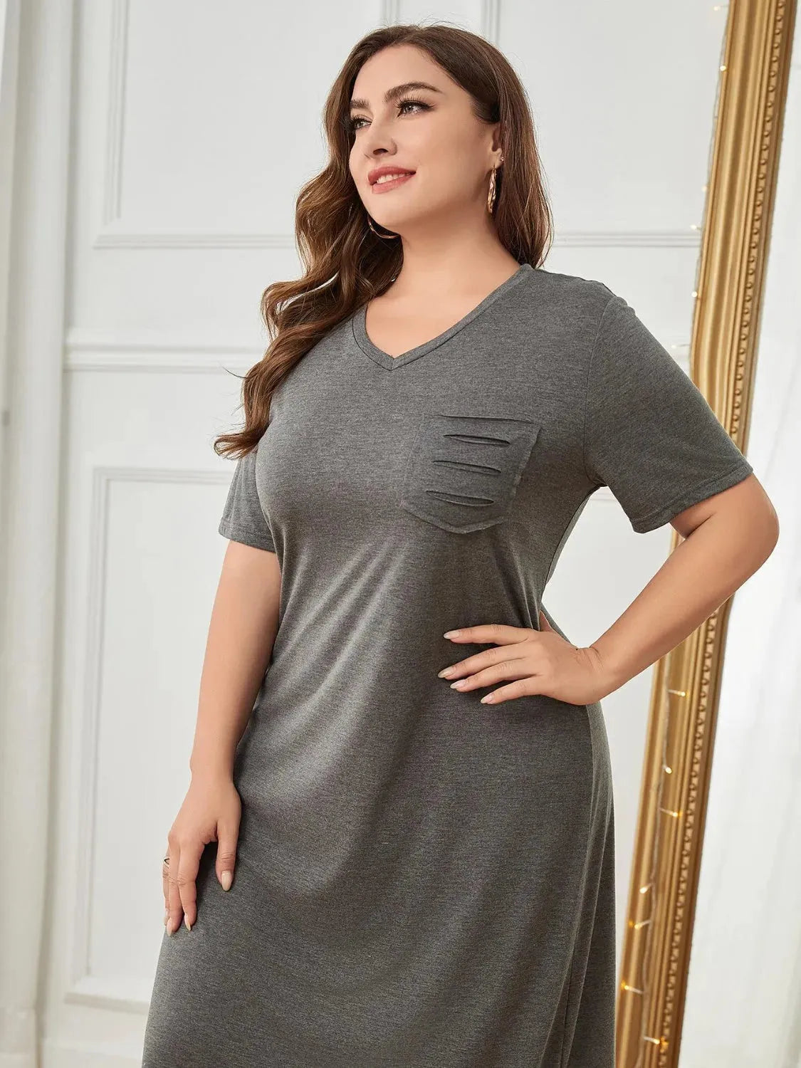 Plus Size Pocketed V-Neck Short Sleeve Lounge Dress Sleep Dresses - Tophatter Daily Deals