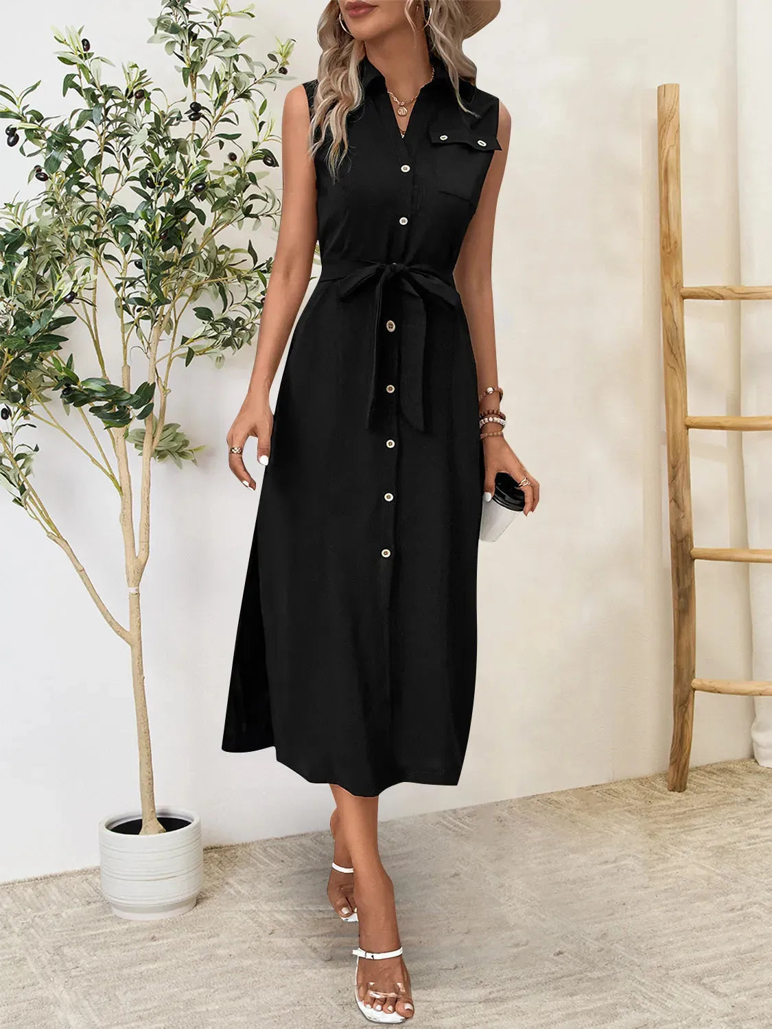 Button Up Sleeveless Midi Dress Black Casual Dresses - Tophatter Daily Deals