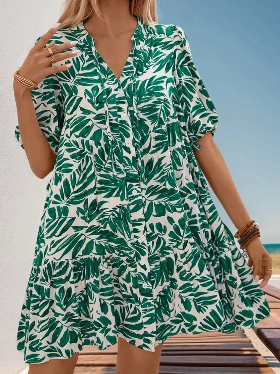 Ruffled Printed Half Sleeve Mini Dress Dark Green Casual Dresses - Tophatter Daily Deals