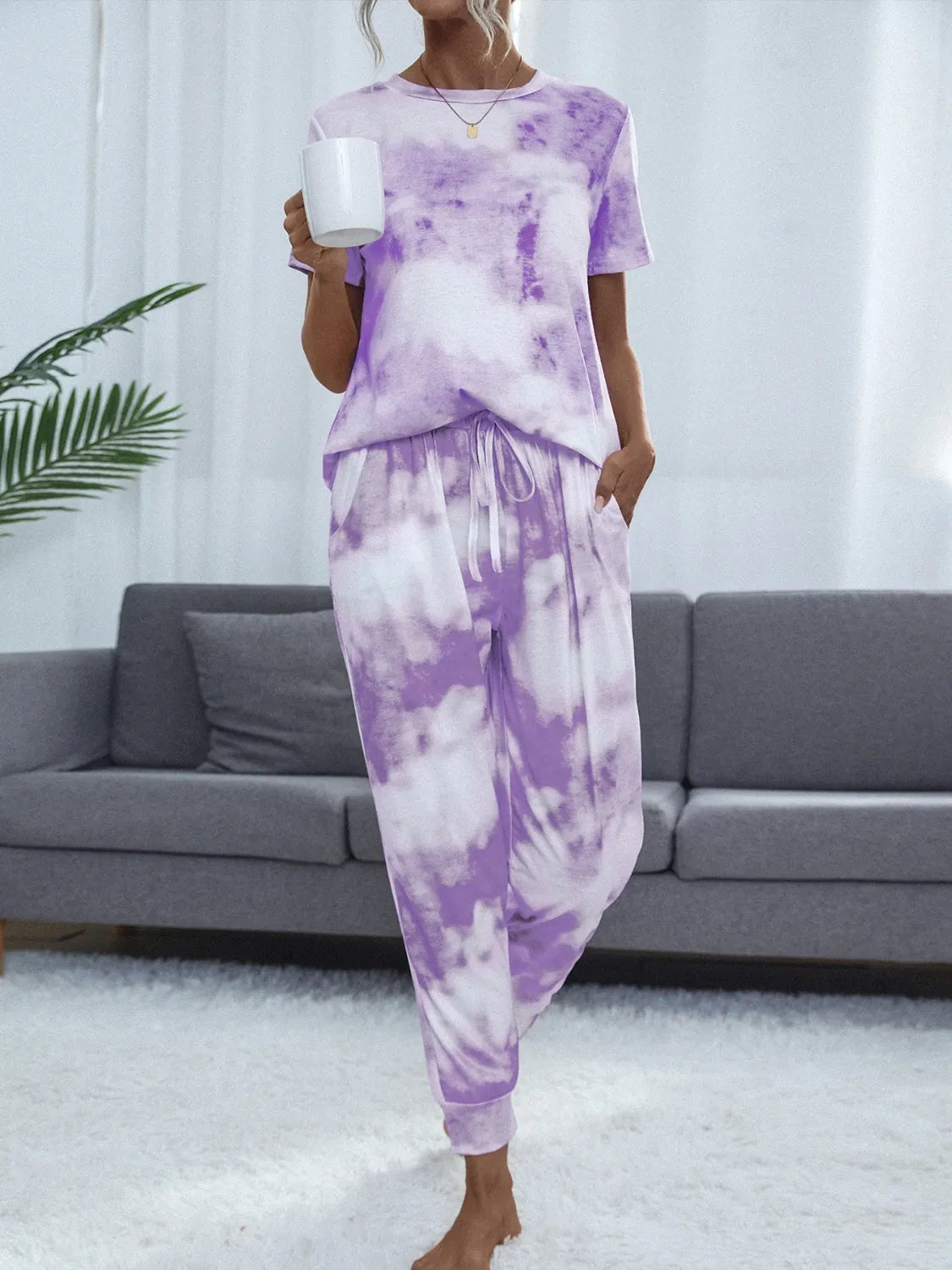 Tie-Dye Round Neck Top and Pants Lounge Set Loungewear Sets - Tophatter Daily Deals