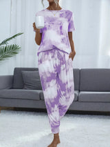 Tie-Dye Round Neck Top and Pants Lounge Set Loungewear Sets - Tophatter Daily Deals