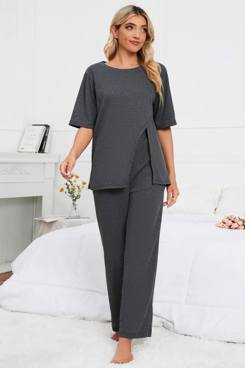 Slit Round Neck Top and Pants Lounge Set Dark Gray Loungewear Sets - Tophatter Daily Deals