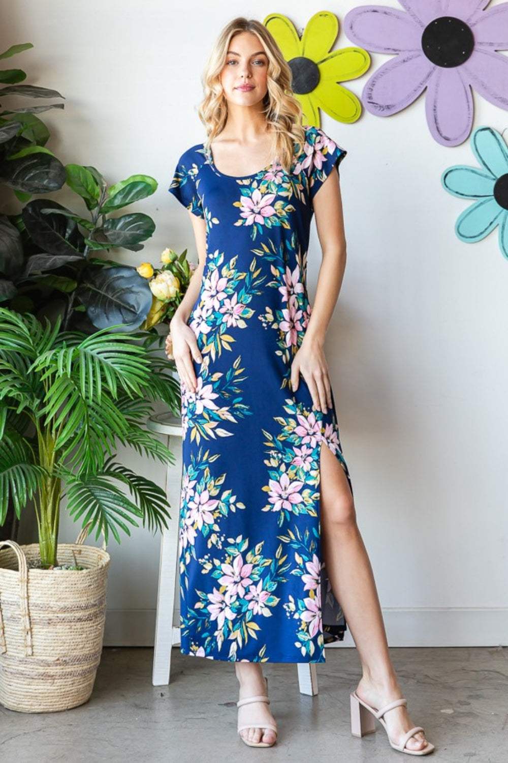 Heimish Full Size Floral Short Sleeve Slit Dress Navy Multi Casual Dresses - Tophatter Daily Deals