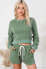 Round Neck Long Sleeve Top and Drawstring Shorts Lounge Set Gum Leaf Loungewear Sets - Tophatter Daily Deals